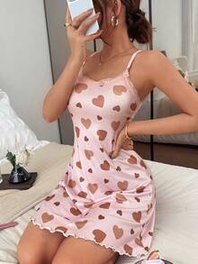 Dream Adore Lace Patchwork Heart Print Camisole Nightgown - Multicolor - View 5