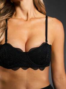 Women Solid Color Lace Fashion Sexy Lingerie Bra - Black - View 5