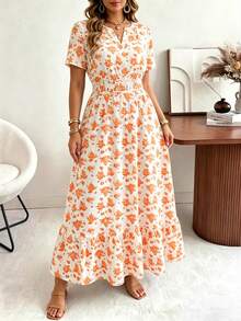 Ceyna Vestido elegante casual holgado de talla grande para mujer con cuello en V pequeño, manga corta y tela texturizada con falda completa, vestido de invitada de boda, vestido bohemio extra largo de primavera, ropa de verano para mujer, vestido de vacaciones/Vestido nuevo de verano 2026 de largo medio/Vestido de verano con estampado floral pequeño - Amarillo - Ver 1