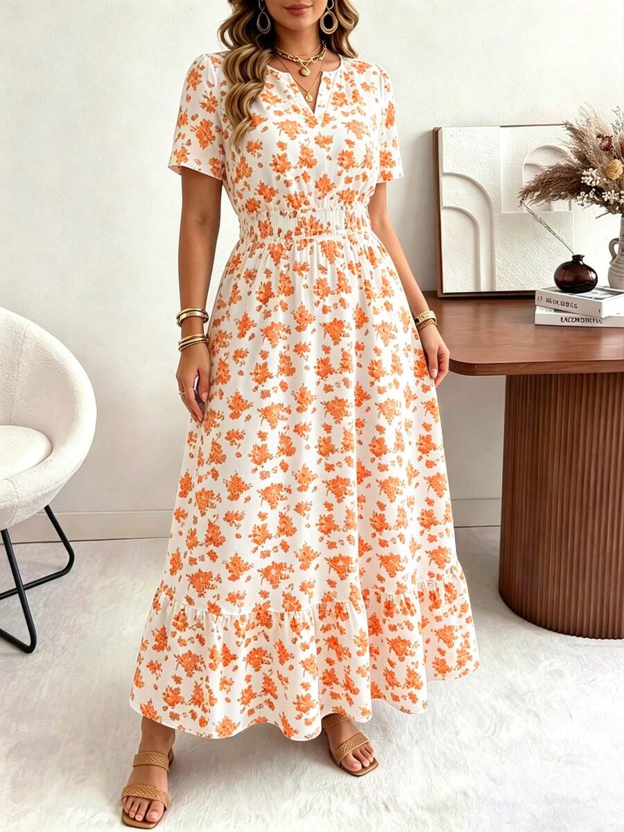 Ceyna Vestido elegante casual holgado de talla grande para mujer con cuello en V pequeño, manga corta y tela texturizada con falda completa, vestido de invitada de boda, vestido bohemio extra largo de primavera, ropa de verano para mujer, vestido de vacaciones/Vestido nuevo de verano 2026 de largo medio/Vestido de verano con estampado floral pequeño - Amarillo - Ver 1