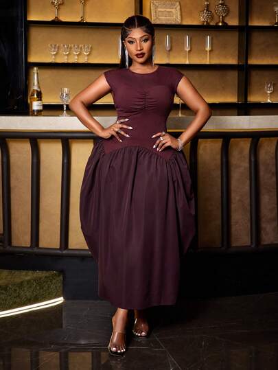 Maweii Plus Size Women's Summer Brown Dress, Cinched Waist, Loose Cocoon Hem, Slimming, Woven Round Neck, Casual Beach Vacation Dress