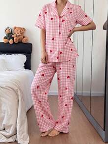 SHEIN 格紋愛心印花翻領短袖長褲女款睡衣套裝 - 彩色 - 查看 4