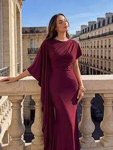 Aloruh Fall Winter,Elegant Luxurious Navy Blue Satin Ruffle Sleeve Sexy Slit Fishtail Bridesmaid Dress Wedding,Party, Wedding ,Fashionable - Burgundy - View 7