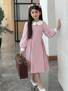 SHEIN Tween Girls Squishy Pink 2 In 1 Patchwork Peter Pan Collar Dress, Formal Casual Daily Outing Versatile Streetwear, Suitable For Any Occasion, Sister Outfit, Parent-Child Matching, Cute Girls Outfit, Primary School, Middle School - Pink - View 5