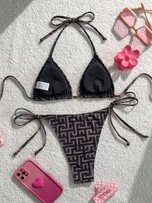 Swim Mod 女款夏季海灘幾何印花掛脖繫帶性感時尚比基尼兩件式泳衣套裝 - 彩色 - 查看 3