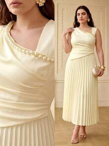 ZEYLAH Plus Size Women's Cinched Waist Gathered Bead Chain Decor Ruched Long Dress Spring Summer - Apricot - View 1