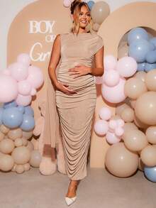 Loomaby Elegant Ruched Fitted Party Dress For Pregnant Women Dress Gender Reveal Dress Maternity Dress Baby Shower Dress - Apricot - View 7