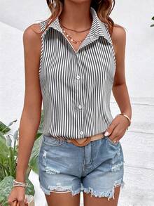 SHEIN Holidaya 女款夏季法式優雅通勤翻領無袖寬鬆百搭黑白條紋休閒開襟襯衫，適合辦公工作 - 黑與白 - 查看 5