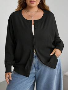 SHEIN CURVE+ 大尺碼女款休閒純色圓領長袖寬鬆剪裁上衣 - 黑色 - 查看 5