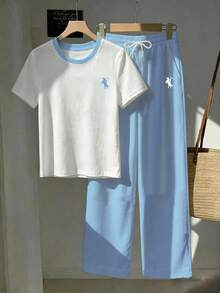SHEIN EZwear 2件組刺繡圓領短袖上衣與條紋印花長褲，休閒風 - 淺藍色 - 查看 6