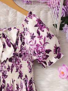 Tween Girls Vacation Back To School Purple Floral Print Square Neck Short Sleeve Shirred Dress - Purple - View 5