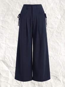 SHEIN EZwear 女款高腰寬腿海軍藍大尺碼西裝長褲 - 藏蓝色 - 查看 3