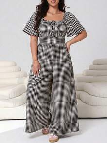 Solflare Jumpsuit Wanita Ukuran Besar Warna Cokelat dengan Satu Bahu, Bagian Dada Berkerut, Potongan Longgar, dan Pinggang Elastis - Coklat - View 5