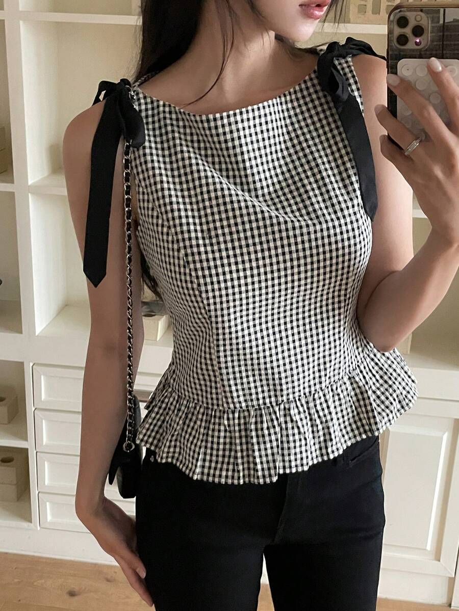 DAZY 女款修身格紋收腰蝴蝶結休閒度假夏季背心 - 黑色 - 查看 1