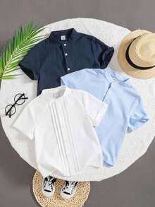 SHEIN 小男孩素色單排扣休閒百搭日常外出短袖襯衫 - 白色 - 查看 1