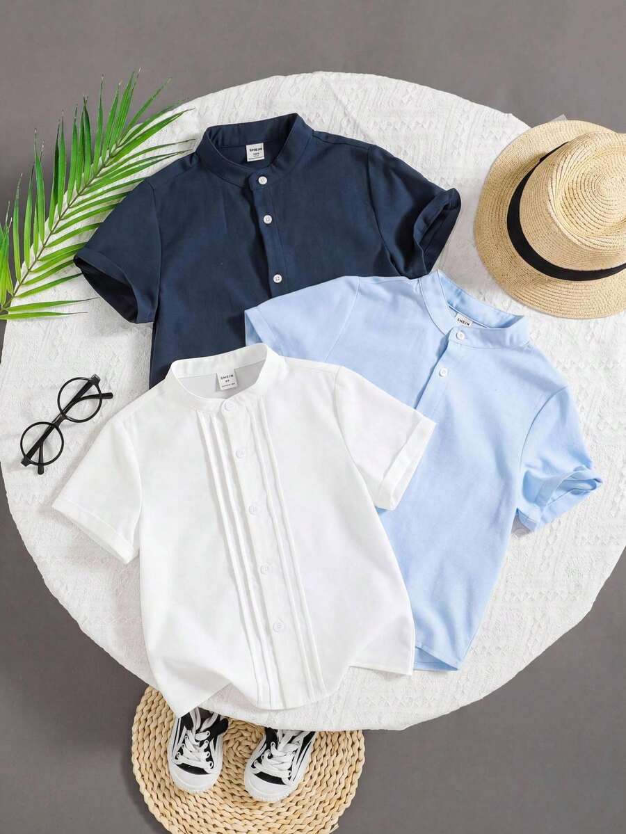 SHEIN 小男孩素色單排扣休閒百搭日常外出短袖襯衫 - 白色 - 查看 1
