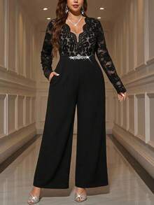 Reflora Mono de talla grande con patchwork de encaje y decoración de strass para otoño - Negro - Ver 10