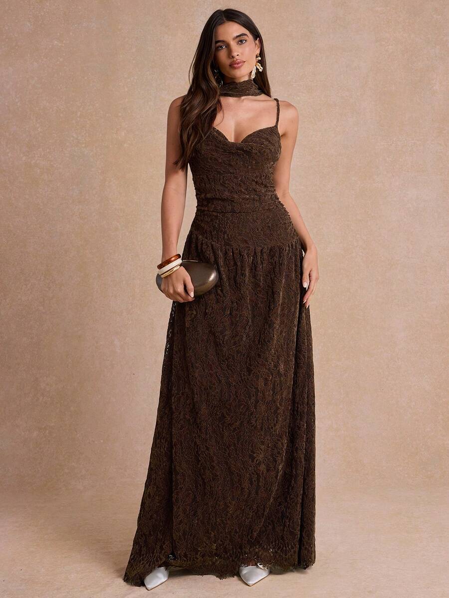 Enchnt 女款優雅垂領百褶蕾絲細肩帶洋裝