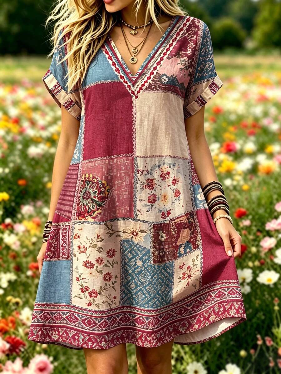 Selamara Bohemian Pastoral Patchwork Floral Print Short Dress, V-Neck Loose Short Sleeve Cover-Up Dress, Casual Short Dress For Countryside And Beach Vacation - Multicolor - View 1