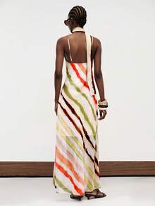 Aveloria Modichic New Vacation Style Off-White Striped Chiffon Fabric Long Spaghetti Strap Sexy Aesthetic Low Rise Dress Cowl Neck Slim Fit Summer Elegant Dinner Party - Multicolor - View 6