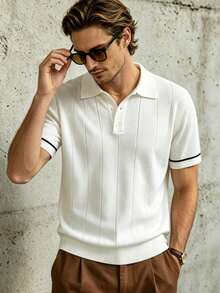 Manfinity Dauomo Men's Fashion Button Half-Placket Short Sleeve Knit Top - White - View 2