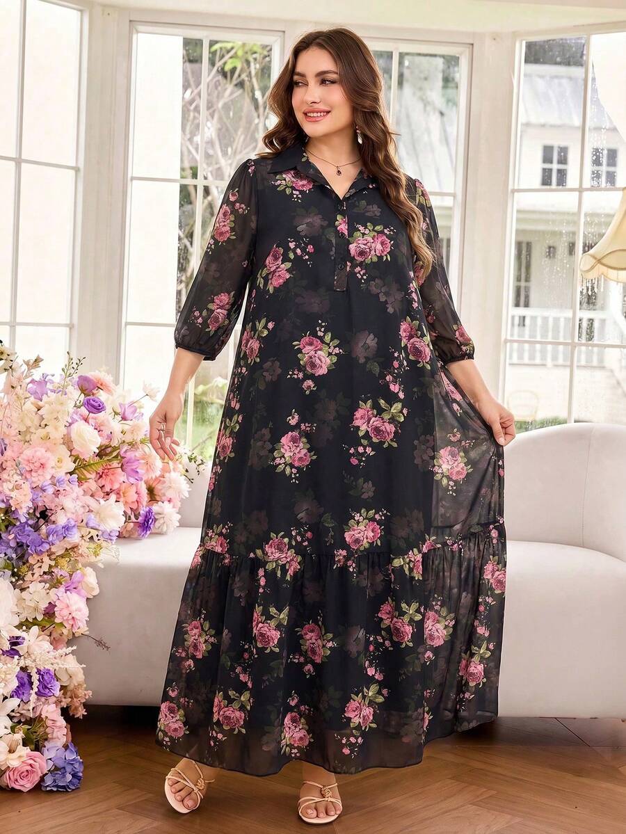 Al Najma 休閒浪漫花卉印花襯衫領寬鬆春季大尺碼女款阿拉伯風長版正式晚禮服 - 彩色 - 查看 1
