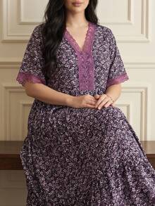 Lacomfia Summer Multicolor Print Patchwork Dark Purple Lace Trim Casual Elegant Plus Size Women's Dress Party - Multicolor - View 7