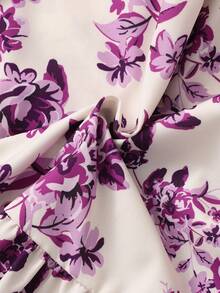 Tween Girls Vacation Back To School Purple Floral Print Square Neck Short Sleeve Shirred Dress - Purple - View 7