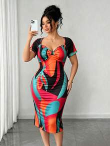 SHEIN Clasi Plus Size Women's Sweetheart Neckline All-Over Print Short Sleeve Fitted Elegant Sexy Dress, Suitable For Casual Party Cocktail Date Night Summer Red - Multicolor - View 6