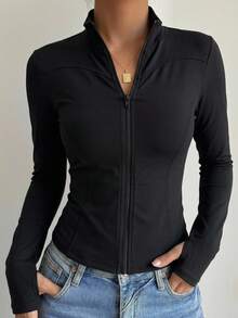 DAZY Women's Solid Color Elastic Mock Neck Fitted Long Sleeve Jacket, Sports Casual,Spring Autumn - Black - View 9