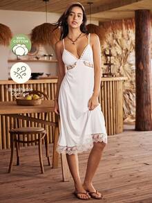 Lullawish Camisón de mujer de mezcla de algodón con patchwork de encaje y espalda hueca, estilo bohemio y cómodo - Blanco - Ver 3