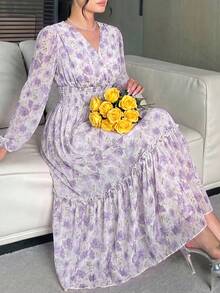 Feyla 大尺碼柔軟時尚花卉印花荷葉邊裙襬洋裝 - 紫色 - 查看 3