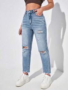 SHEIN EZwear 女款夏季高腰破洞媽媽版牛仔褲 - 中等水洗藍 - 查看 4