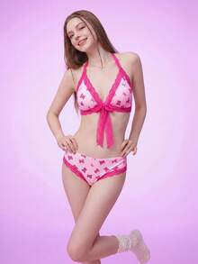 Notgurli 女款對比蕾絲掛脖時尚內衣套裝 - 彩色 - 查看 7