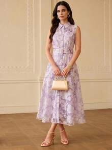 ZEYLAH Elegant Romantic Fitted Waist A-Line Jacquard Fabric Dress, Spring/Summer Wedding Holiday Party White Floral - Purple - View 5