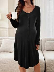 Slowluna Maternity Solid Color Casual Daily Wear Maternity Dress,Autumn Outfit For Women - Black - View 5