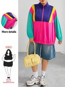 SHEIN CURVE+ 大尺碼休閒簡約薄款夾克，時尚多色拼接秋季夾克，2026年秋冬 22W 桃紅色 - 彩色 - 查看 10