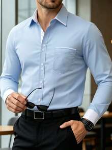 Calvornis Camisa formal de manga larga con bloques de color para hombres, otoñal, para ceremonias de otoño - Azul y blanco - Ver 1