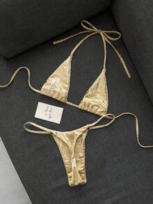 Swim SXY 女款夏季海灘金箔掛脖繫帶性感時尚比基尼兩件式泳衣套裝 - 金色 - 查看 3