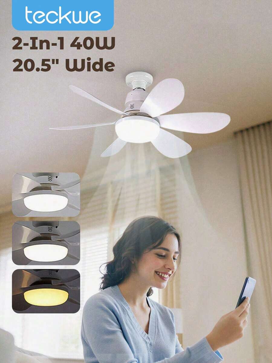 Teckwe 附燈遙控吸頂風扇 40W 可調光 無噪音 LED 吸頂扇 E27燈座 6葉 3段風速 定時功能 適用臥室、客廳，室內外通用