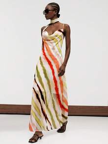 Aveloria Modichic New Vacation Style Off-White Striped Chiffon Fabric Long Spaghetti Strap Sexy Aesthetic Low Rise Dress Cowl Neck Slim Fit Summer Elegant Dinner Party - Multicolor - View 4