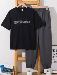 SHEIN 青少年男孩 2件套/套裝 休閒圓領印花T恤與抽繩長褲套裝，適合日常、通勤、戶外穿著，春/夏 - 彩色 - 查看 2