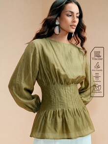 Arave Women's Solid Color Round Neck Lantern Sleeve Cinched Waist Ruffle Hem Blouse Office Work Brunch Olive Green Fall Elegant French - Green - View 3