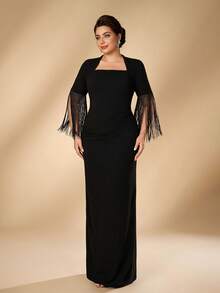 Serin Plus Size Elegant Classy Formal Black Elastic Knit Fabric Vintage Square Collar Short Sleeve Tassel Rhinestone Chain Decor Wedding Guest Evening Fall - Black - View 3