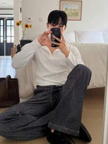 DAZY Men's White Ribbed Fabric Long Sleeve Crew Neck Half-Button Solid Color T-Shirt - White - View 3