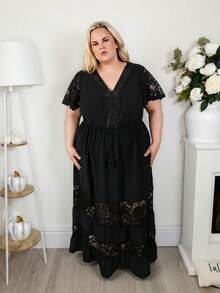 Hourglow Plus Size Elegant Lace Patchwork V-Neck Bohemian Style Dress Black, For Hourglass Body Shape - Black - View 6