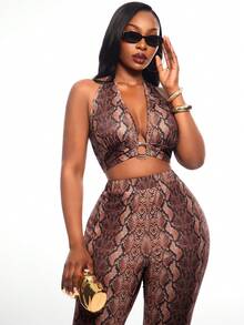 Radiana Plus Size Women's Fashion Sexy 2-Piece Set: Ring Design Snake Print Halter Deep V-Neck Top + Matching Flare Pants Set, Suitable For Party, Daily Wear - Multicolor - View 3
