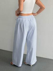 Sunnyshic Plus Size Women's Striped Casual Versatile Daily Wear Wide Leg Pants Fall - Blue and White - View 2