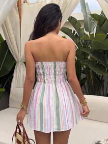 Sunnyshic Women's Spring/Summer Colorful Striped Traceable Cotton Bandeau Backless Ruched Waist A-Line Mini Dress, Elegant Versatile For Vacation, Beach, Countryside, Shopping, Dating, Casual, Commuting, Office - Multicolor - View 2