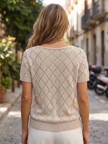 SHEIN Casual Fitted V-Neck Short Sleeve Knit Argyle Hollow-Out Button-Front Cardigan, Apricot, Women's Spring/Summer Lightweight, Autumn For Women - Apricot - View 3